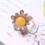 Neffly Jewelry Natural Beeswax Yellow Chanterelles 9 mm Inlaid Flower Ring, S925 Silver Plated With Gold Inlaid Rose Diamond Accessories. thumbnail-1