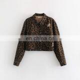 2020 New Design Women's Denim Jean Cropped Leopard Print Bomber Jacket thumbnail-1