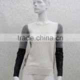 Women's Knitted Stripe Pullover With Leather Sleeve thumbnail-1