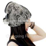 CX-C-240A Winter Hand Knitted Rugby Genuine Rex Rabbit Fur Knit Fur Hat thumbnail-5