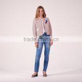 Ladies Cotton Leisure Style Striped Collarless Sequinned Patches Spring Jackets thumbnail-3