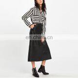 Fashion Ladies High Waist A-Line Button Up Long PU Leather Midi Skirt thumbnail-4