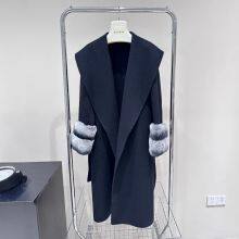 Novo casaco de lã dupla face para mulheres para outono e inverno, de comprimento médio, ajustado e esguio, com mangas e peles de coelho rex Totoro thumbnail-2