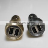Aluminium alloy golden and sliver 2 usb car charger for gps tracker