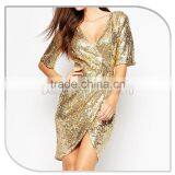 New Fashion Lady Plunge Neck Gold Sequin Midi Bodycon Evening Dress thumbnail-4