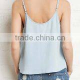 Latest China Wholsale Fashion Button A Word Big Swing Denim Halter Top thumbnail-3