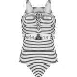 2016 New Fashion Lace Up Front Sleeveless Bodysuits Young Girl Black White Stripe Women Tops thumbnail-2