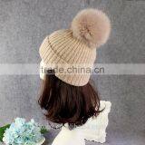 High Quality 15cm Fox Fur Real Sheep Wool Knit Beanie Hat With Fox Fur Ball thumbnail-6