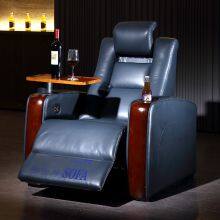 Modern Style Real Leather Home Theater OKIN Motor Cinema Recliner Sofa With Power Headrest and Oak Tray Table thumbnail-3