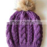 Acrylic Cable Knit Beanie Hat With Fake Fur Pompom Detachable