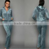 Canada High Quality Green Velour Women Tracksuit With Hoodie Embroidery , Velour Set