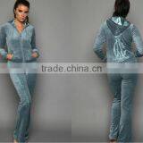 Canada High Quality Green Velour Women Tracksuit With Hoodie Embroidery , Velour Set thumbnail-1