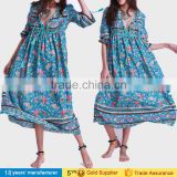 Indian floral printed chiffon boho long sleeve v neck kaftan pullover loose beach summer fashion clothing 2017 women's dress