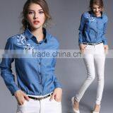 Zm50273b 2017 New Product Lady Garment Fashion Lapel Long Sleeve Embroidery Jean Women Blouse thumbnail-1