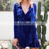 Ruffle Vintage Velvet Dress V Neck Sexy Dress Autumn Winter Wrap Vestido Clothes Women Ladies thumbnail-3