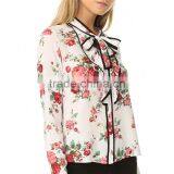 2017 Latest Long Sleeve Spring Fashion Ladies Floral Tie Neck Blouse thumbnail-3
