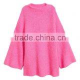 High Quality Long Bell Sleeves Crew Neck Ribbed Handmade Wool Knit Sweater for Women thumbnail-3