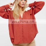 High Low Rounded Hem Long Sleeves Buttondown Blouse