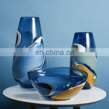Hand Blown Wholesale Luxury Set Modern Nordic Blue Flower Glass Vase for Home Decor thumbnail-1