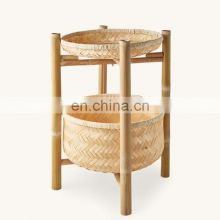 New Design Natural Woven Bamboo side table with basket 2 tiers bambo tray storage basket Wholesale Handwoven Made in Vietnam
