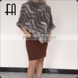 Factory direct wholesale price rabbit knitted fur poncho with raccoon fur trim