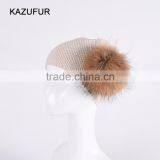 Girls Cotton Knitted Hats With Removable Raccoon Fur Pompoms at Side KZ160091 Supplier's Choice thumbnail-1