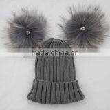 Myfur Dark Grey Wool Knitting Hat With Detachable Raccoon Fur Pom Poms thumbnail-2