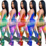 Women Sleeveless Tie Dye Print Skinny Spaghetti Strap Bodycon Long Stacked Bell Bottom Flare Jumpsuit Romper One Piece Outfit thumbnail-7