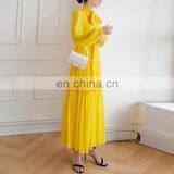TWOTWINSTYLE Dress for Women Bow Elegant O Neck Long Sleeve High Waist Female Yellow Fashion thumbnail-5