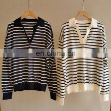 Women Casual Polo Neck Striped Silk Cashmere Sweater Jumper Shirt thumbnail-5