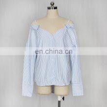 Wholesale Custom Women Sexy Through the Shoulder Strap Button-down Stripe Casual Pleasure Long-sleeved Shirt Women Casual Home w thumbnail-5