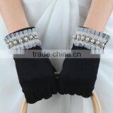 Black Color Lady Wool Gloves With Pearls and Lace on Cuff thumbnail-3