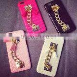 Luxury Plush Rabbit Fur Ball Tassel Pearl Chain PU Leather Hard Mobile Phone Cover Case For IPhone 6 G 6S Plus thumbnail-1