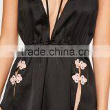 Black Satin Embroidered Teddy Split Hem Women Nightwear Sexy Strap Pyjama Set Halter Back Sleepwear thumbnail-4