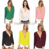 2016 New Fashion Zipper Designs V-neck Women Chiffon Shirt Blouse Long-sleeve Top Clothings thumbnail-3