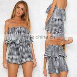 2017 Off Shoulder Ruffles Jumpsuit Romper Summer Beach Plaid Check Playsuit APPAREL thumbnail-1