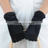 Ruched cuff ladies velvet gloves with leather patches on palm women wear gloves