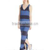 Woman Casual Maxi Dress With Stripe V Neck Guangzhou New Fashion Style Jersey Bodycon Sleeveless Stripe Knit Maxi Dress (Juniors thumbnail-3