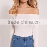 Long Sleeve Jumpsuit With High Leg Cotton Soft Basic White Off Shoulder Sexy Thong Bodysuit thumbnail-3