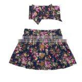 Summer Blue Flower Printed Dress Buttons Design Kids Clothes With Headband thumbnail-4