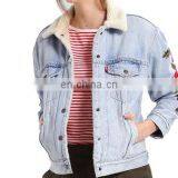 Factory OEM Embroidered Sherpa Lining Womens Denim Jacket thumbnail-3