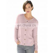 Women's 100% Wool Pink Sweater Cardigan Pockets With Buttons thumbnail-1