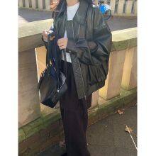 2025 Spring New European and American Style Simple Imitation Leather Fashion Pilot Jacket thumbnail-3