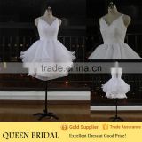 Latest Style V-neck Sleeveless Cross Strap Back Appliqued Lace Ruffled Skirt Short Wedding Dresses