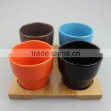 Set of 4 Colorful Ceramic Coffee Cups Set With Wooden Base,snack Tray thumbnail-1