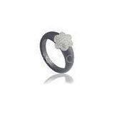 Woman Black Ceramic Silver Ring With Flower , Rhodium Plated # 50 - # 60 CSR0489 thumbnail-1