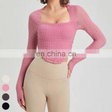 Breathable Running Tops Square Collar Sexy Sports T Shirt Long Sleeve Thumb Hole Design Yoga Top With Fixed Padded For Women thumbnail-4