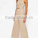 China Women Clothes Factory Manufacturer Beige Wrap Waist Designer Jumpsuit for Lady thumbnail-1