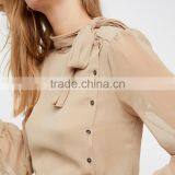 HAODUOYI Fashion Light Kahaki Women Blouse Neckline Lace-up Side Buttons Semi-sheer Lantern Sleeve Lady Tops for Wholesale thumbnail-2