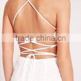 Wholesale Top Quality Strappy Lace Bodycon Dress White Cross Back Evening Dress Embroidered Lace Up V Neck Midi Dress thumbnail-5
